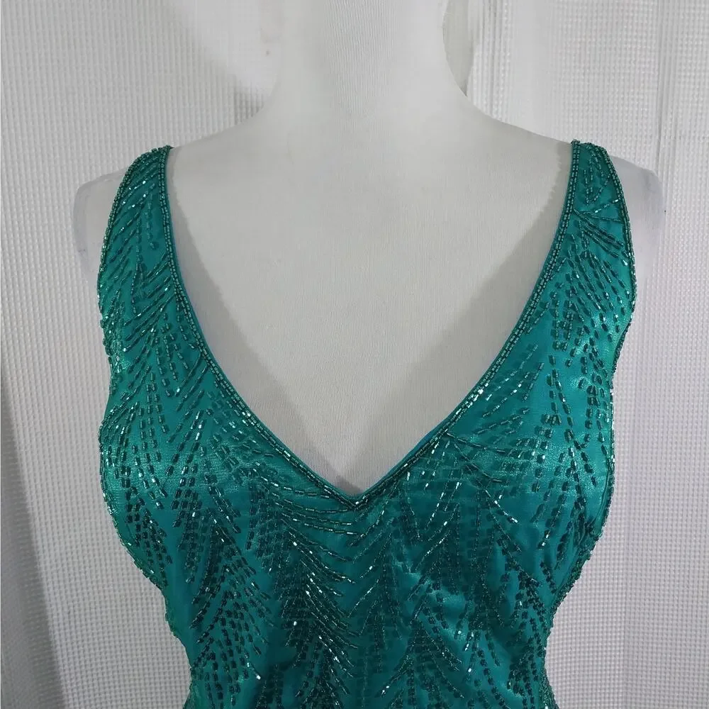 LEGENDS! TURQUOISE BLUE/GREEN IRIDESCENT MAGNIFICENTLY BEADED GOWN, DRESS! SZ 16 - Picture 5 of 11